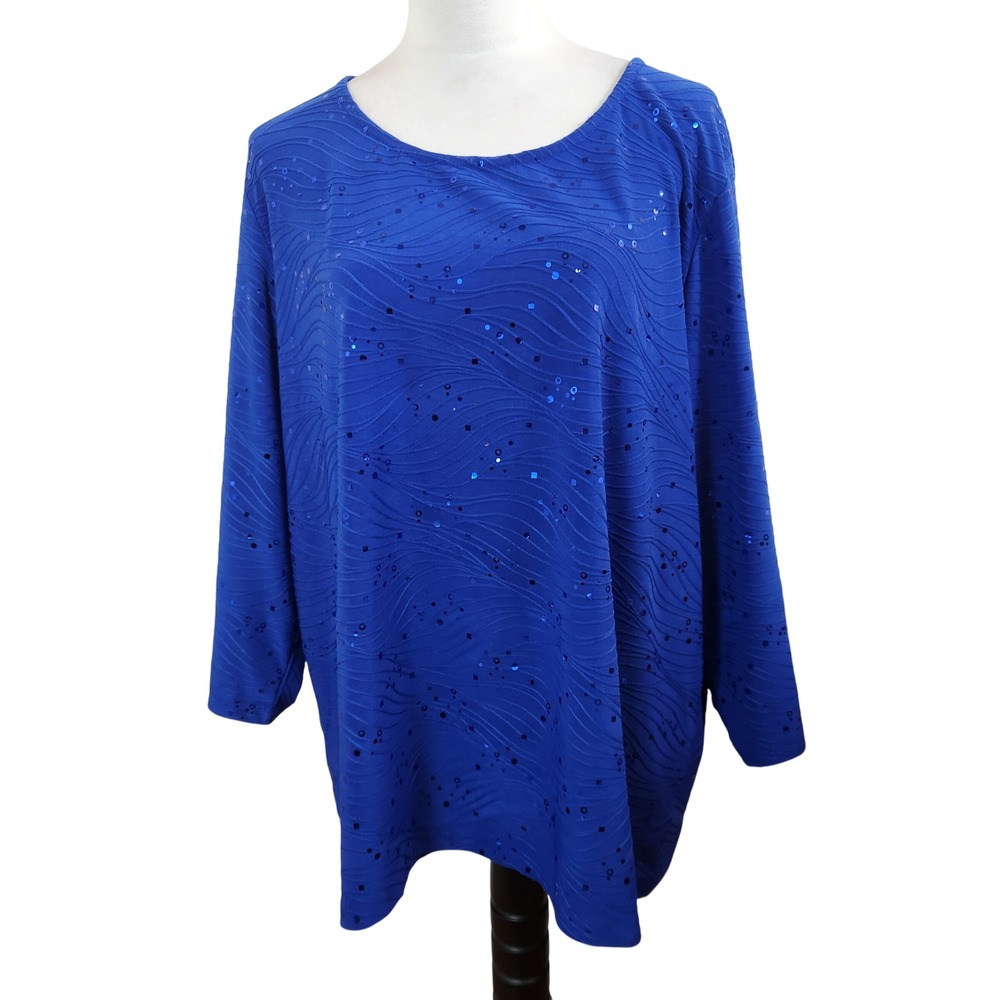 JM‎ Collection Woman 3X Royal Blue Sequin Embellished Long Sleeve Stretch Top